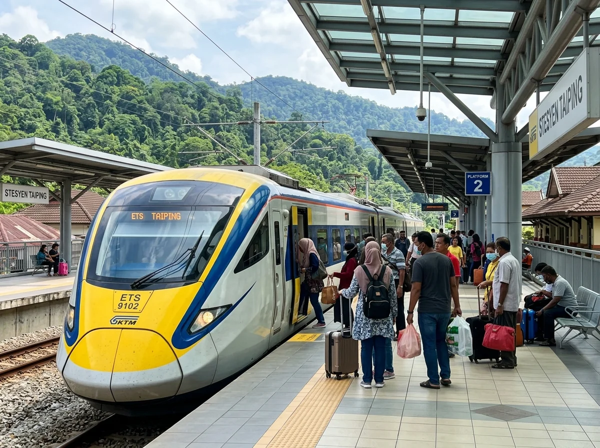 Tren KTM ETS tiba di Stesen Taiping dengan bukit hijau di belakang