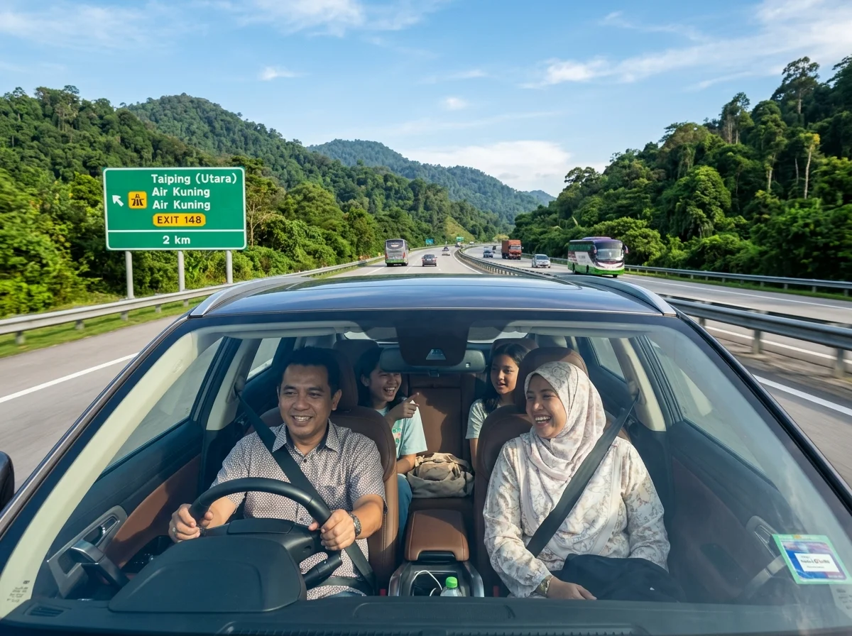 Memandu di Lebuhraya PLUS menuju Taiping dengan bukit hijau