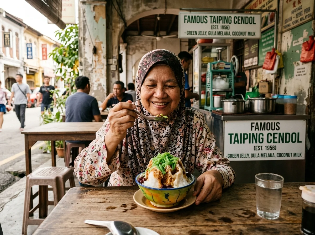Cendol Taiping yang terkenal dengan air batu, santan dan gula melaka