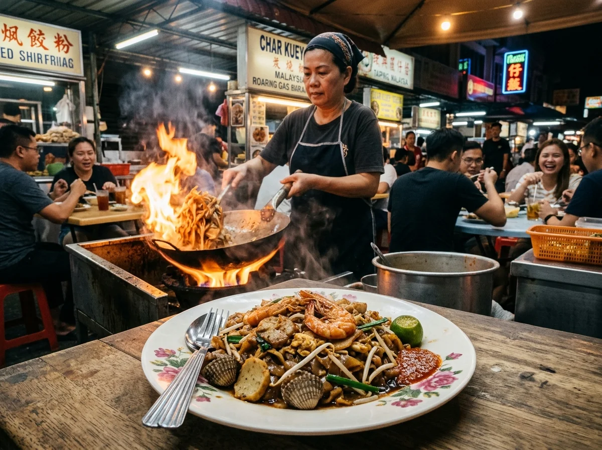 Char kuey teow digoreng di gerai Taiping dengan api wok