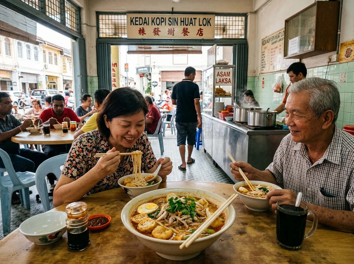 Semangkuk mee atau laksa tempatan di kedai kopi Taiping