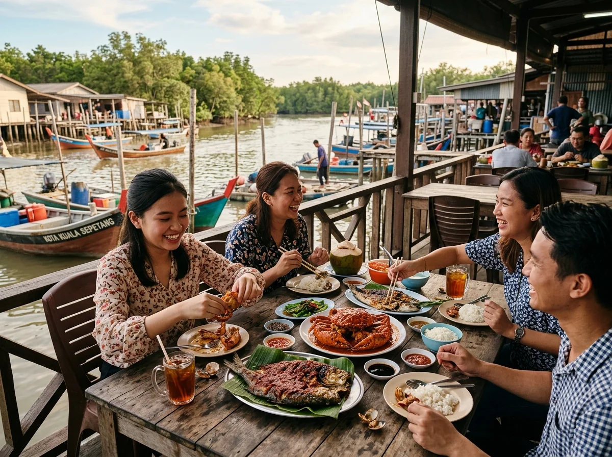 Makanan laut ikan dan ketam segar di Kuala Sepetang berhampiran Taiping