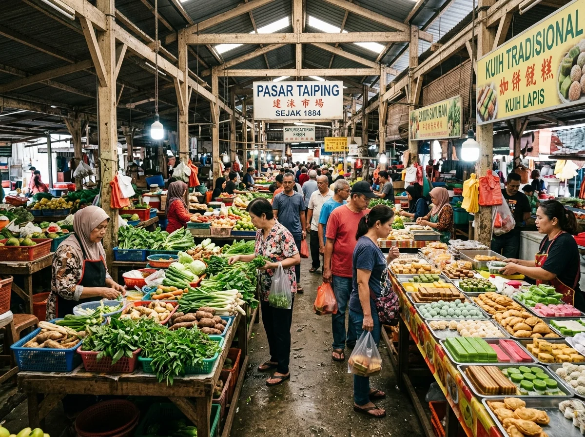 Pasar Taiping tradisional dengan gerai hasil segar dan kuih