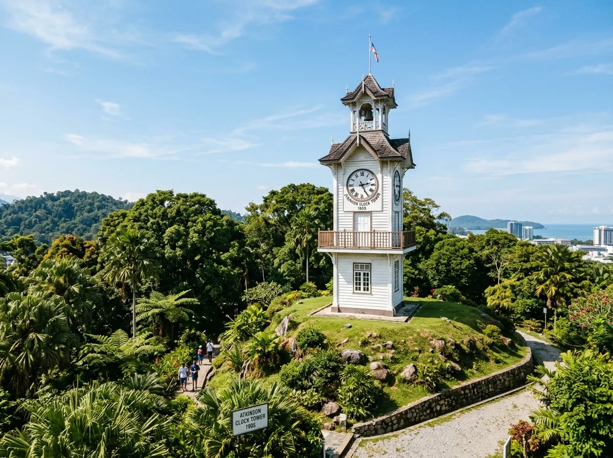 Menara jam Atkinson dengan pokok-pokok besar