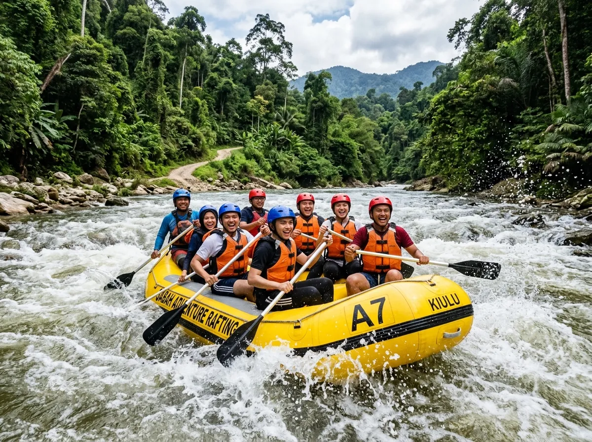 Aktiviti white water rafting di Sungai Kiulu