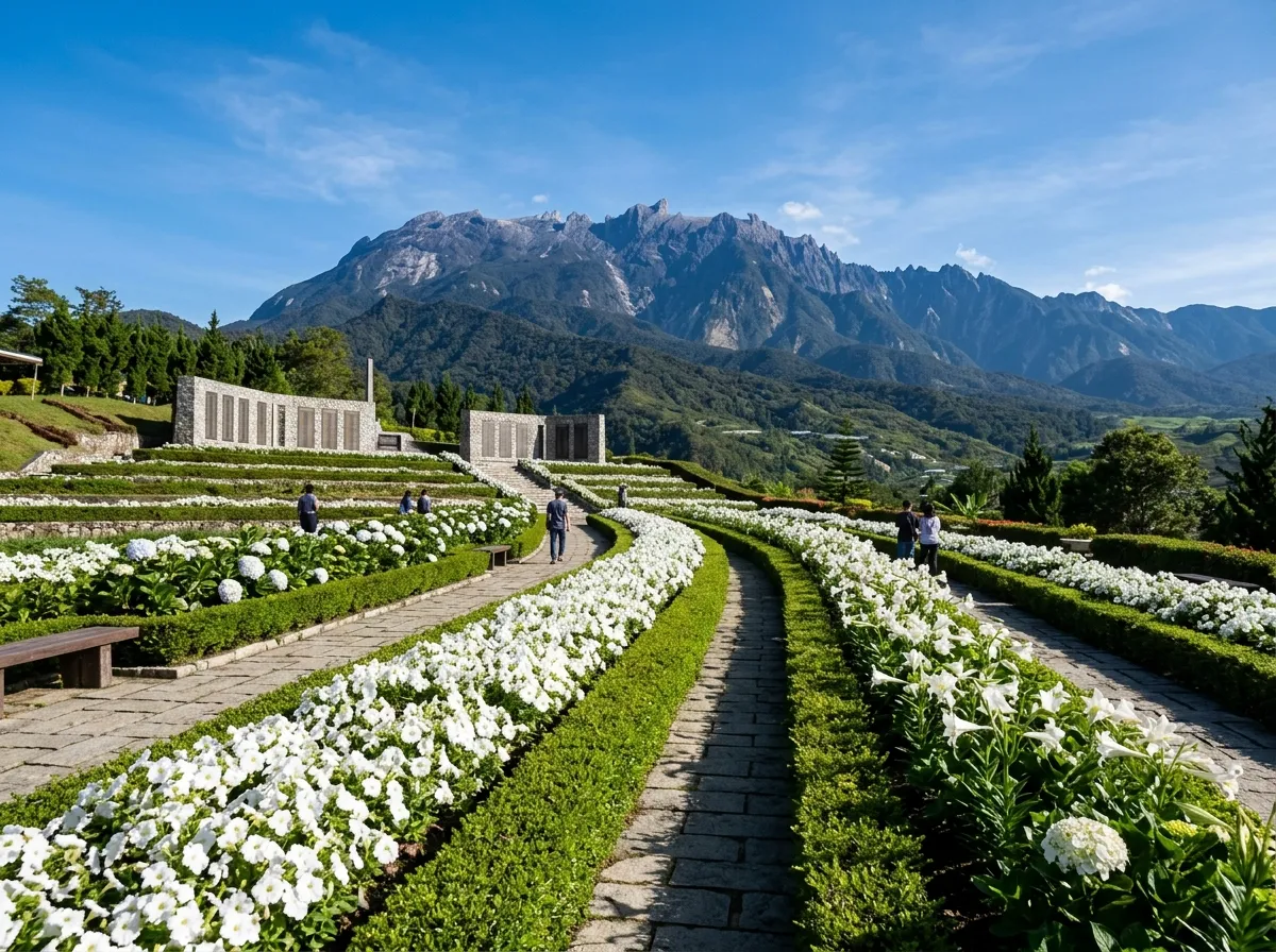 Taman memorial Kundasang dengan Gunung Kinabalu di belakang