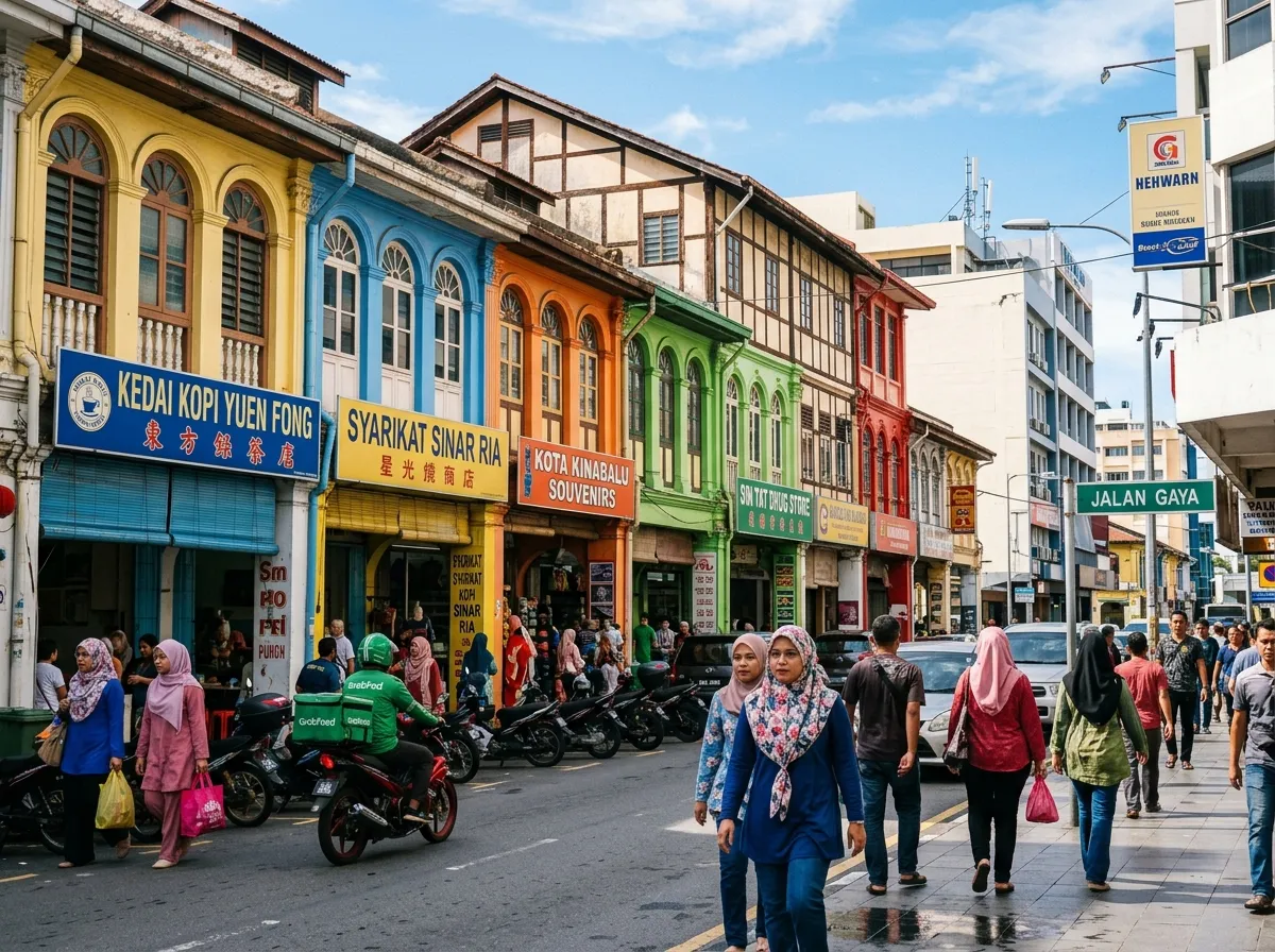 Jalan utama pusat bandar KK dengan bangunan berwarna-warni