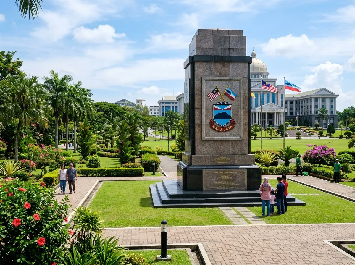 Tugu Negeri Sabah dengan latar belakang bangunan kerajaan