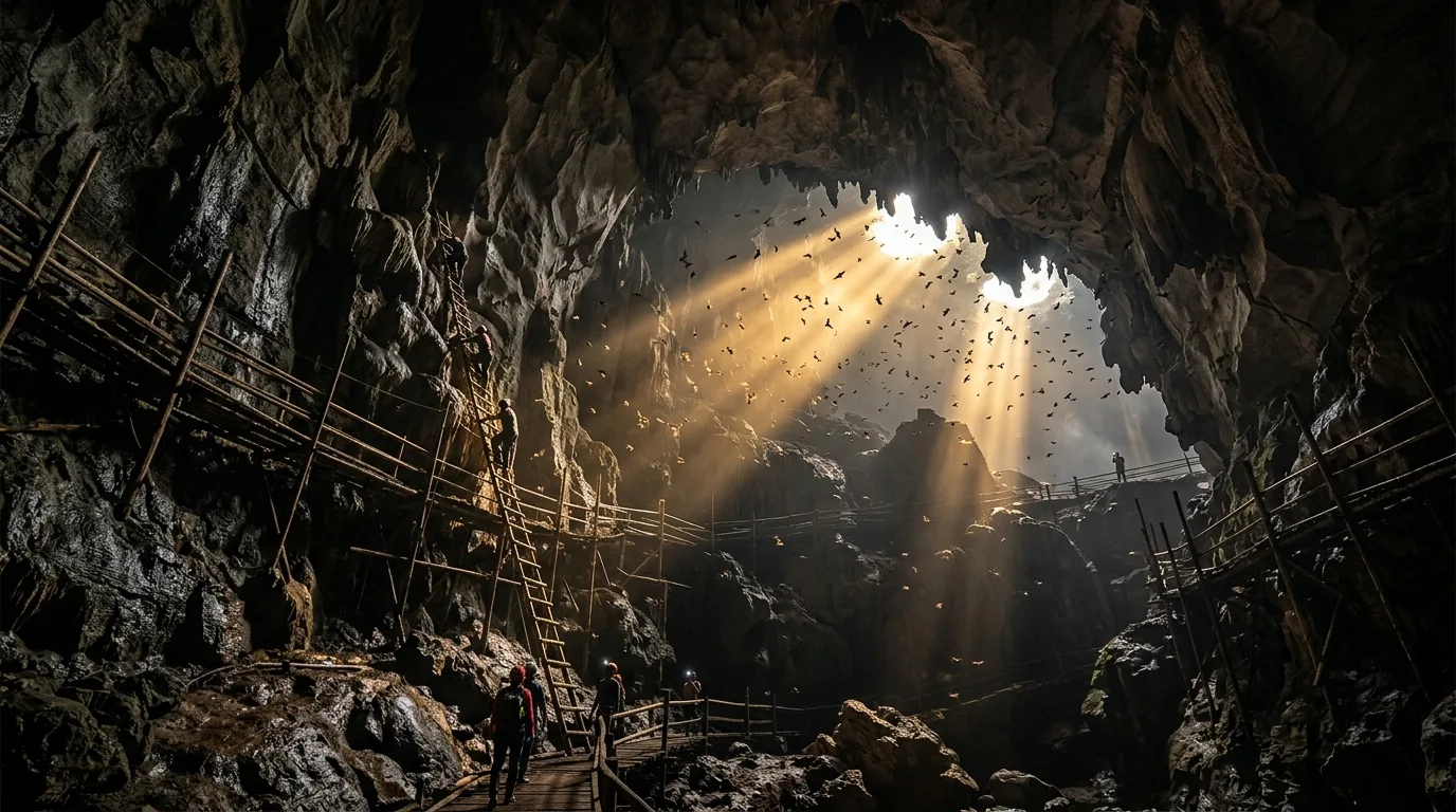 Sinaran matahari menembusi siling Gua Gomantong yang tinggi 90 meter dengan ribuan kelawar terbang