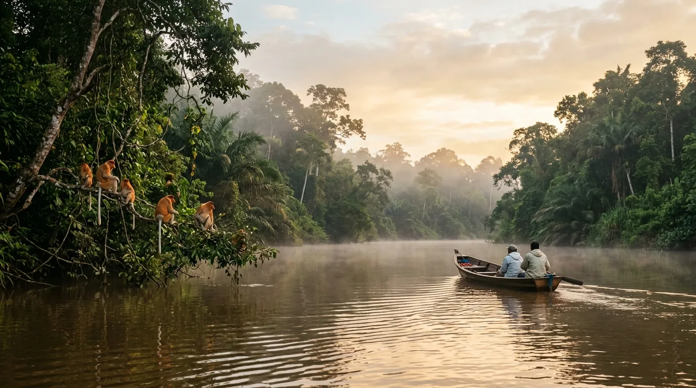 Bot kayu menyusuri Sungai Kinabatangan pada waktu subuh dengan kabus pagi dan proboscis monkey di pokok