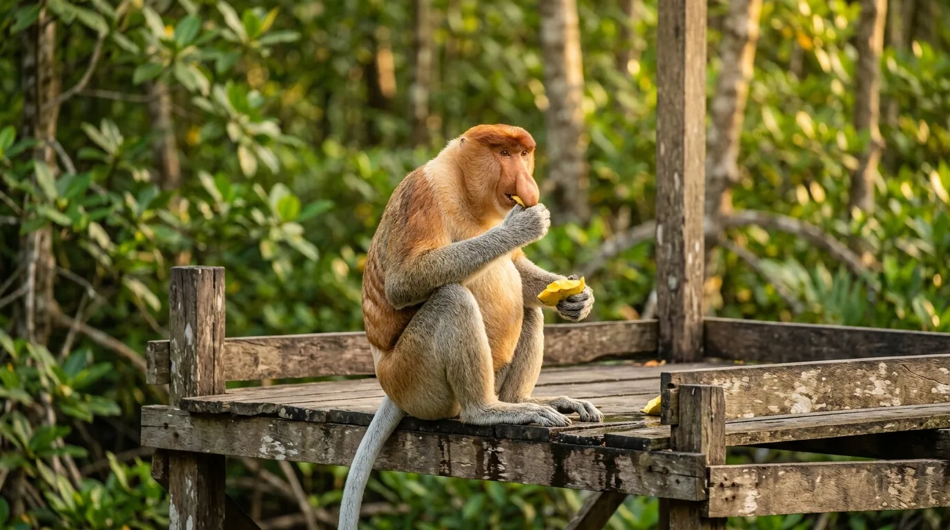 Proboscis monkey (bekantan) di platform makan di Labuk Bay, Sandakan