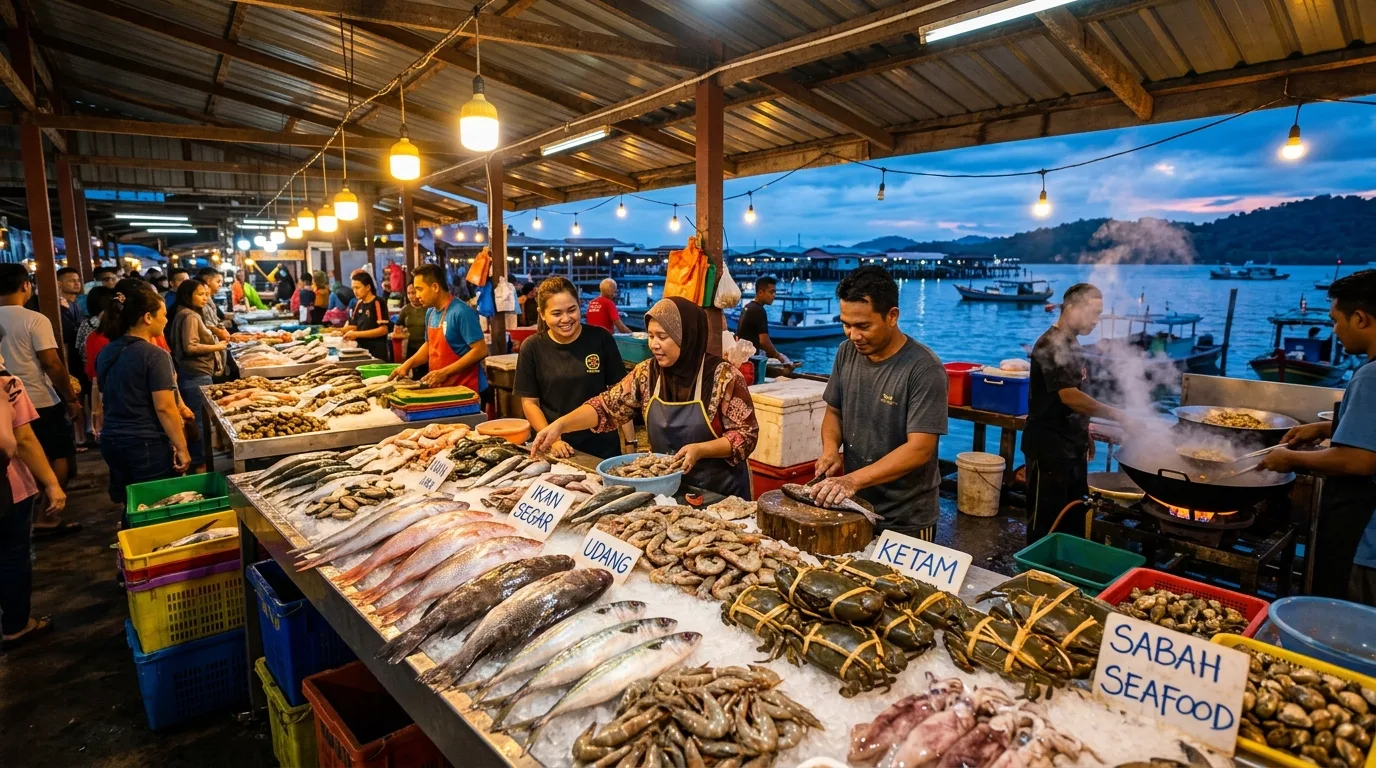 Pasar seafood Sandakan pada waktu senja dengan ikan segar, udang, dan pemandangan teluk