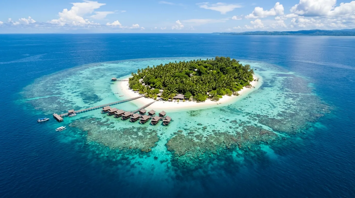 Pulau Lankayan dari udara — pulau kecil dengan pantai putih dan air turquoise di Laut Sulu