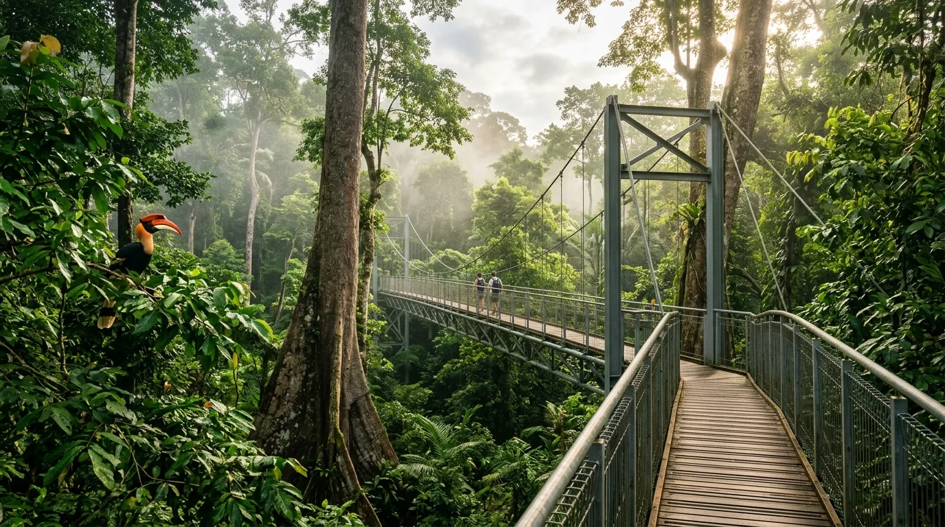 Canopy walkway di Rainforest Discovery Centre Sepilok dengan hornbill dan kabus pagi