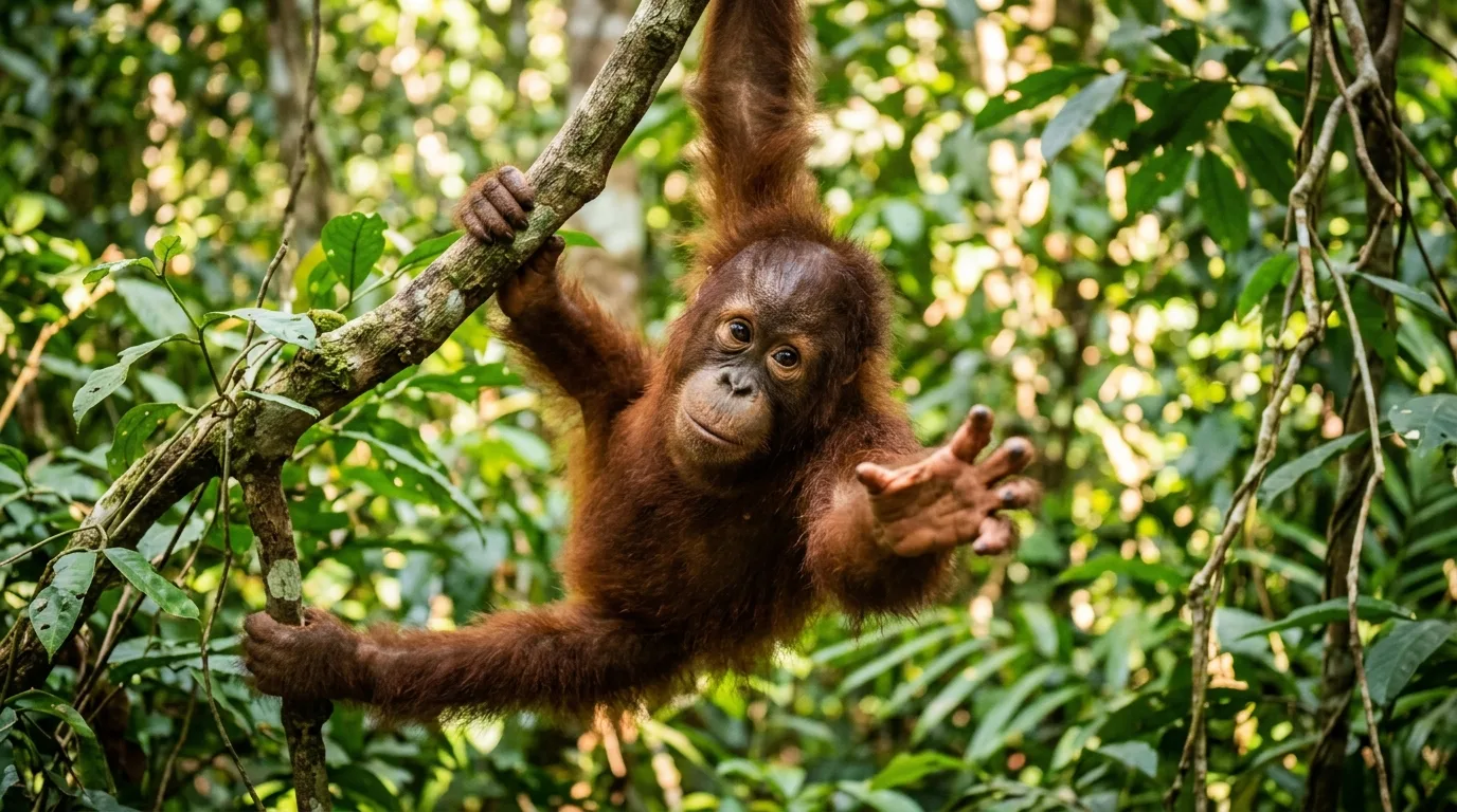 Orangutan muda bergantung di dahan pokok di Sepilok Orangutan Rehabilitation Centre, Sandakan