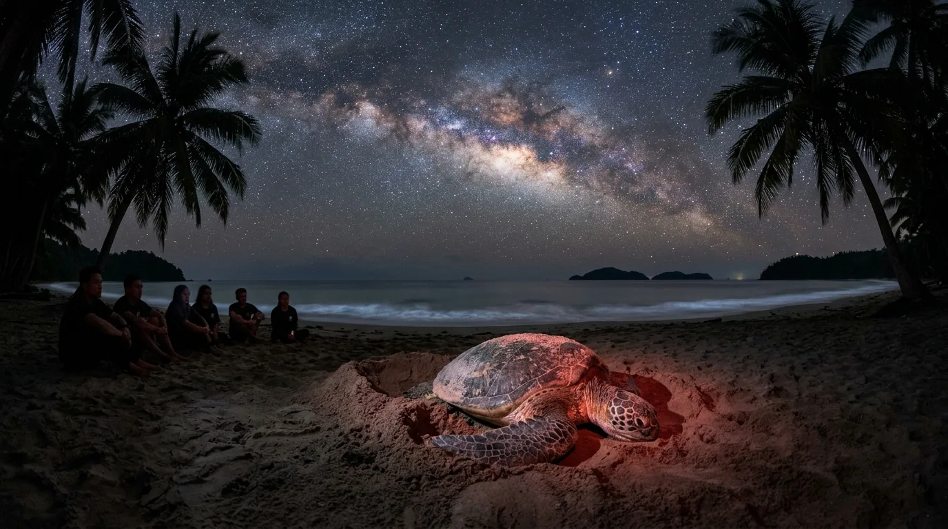 Penyu hijau bertelur di pantai Pulau Selingan pada waktu malam dengan Milky Way di langit
